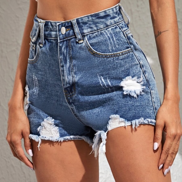 distressed frayed hem med wash denim shorts boho - Picture 8 of 10